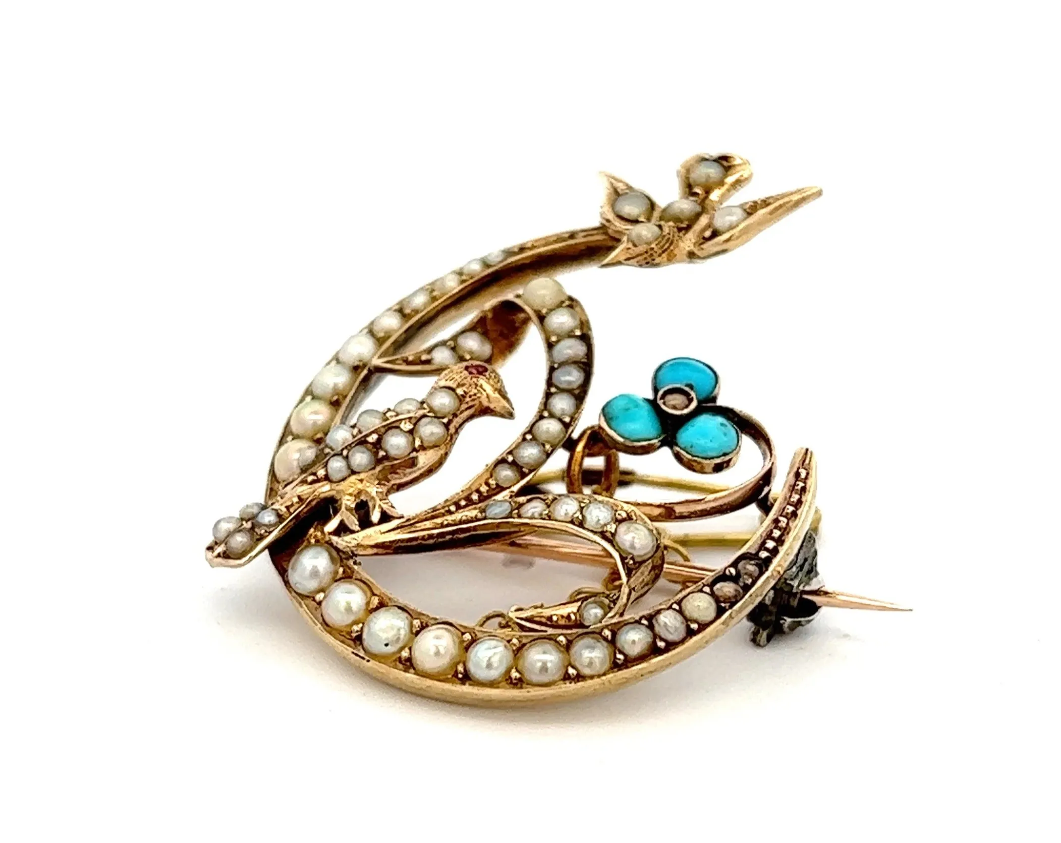 Vintage Turquoise & Seed Pearl 9ct Yellow Gold Bird & Flower Brooch