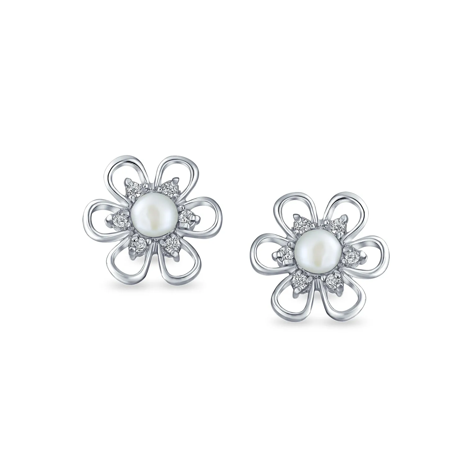 White Freshwater Pearl Daisy Flower CZ Stud Earrings in Sterling Silver