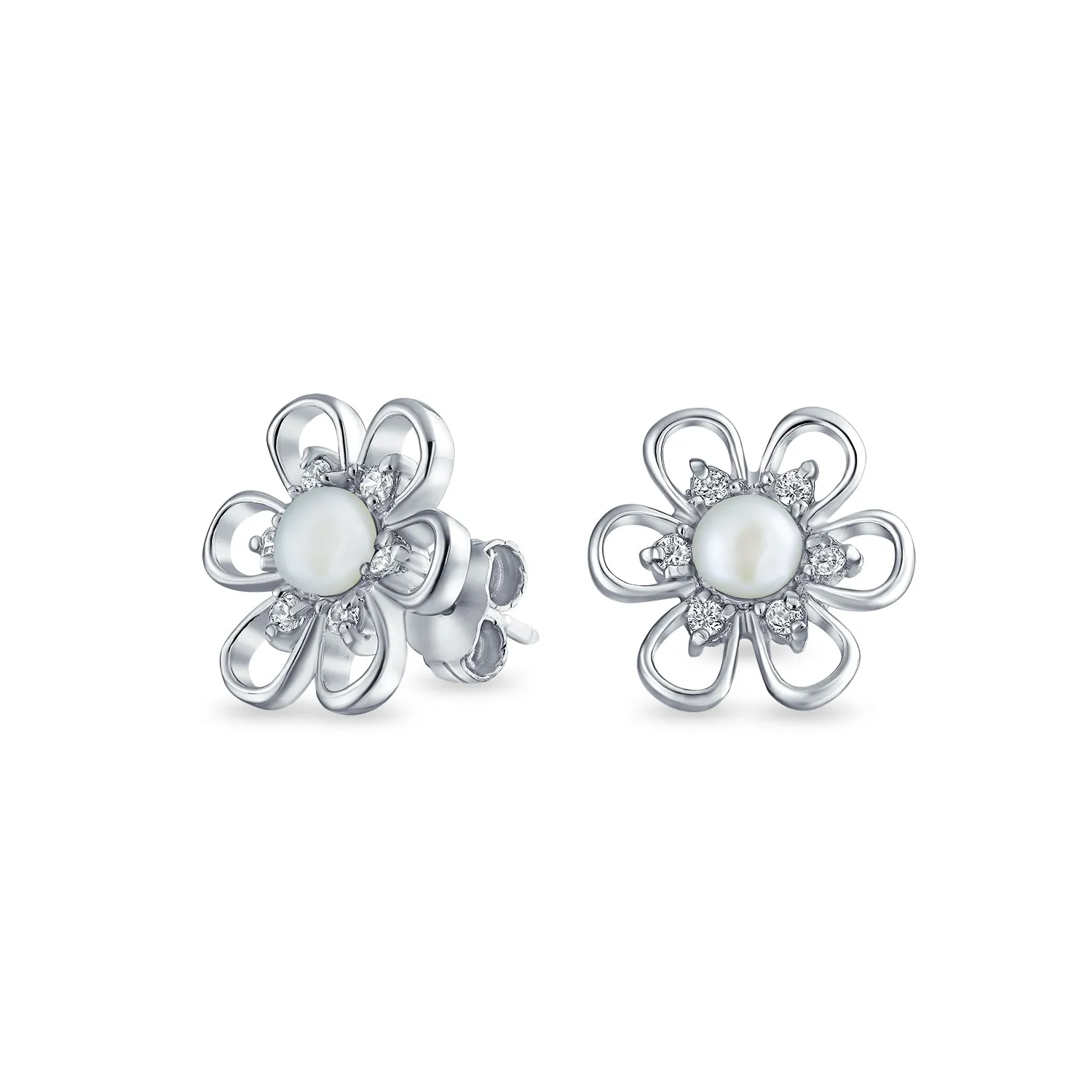 White Freshwater Pearl Daisy Flower CZ Stud Earrings in Sterling Silver