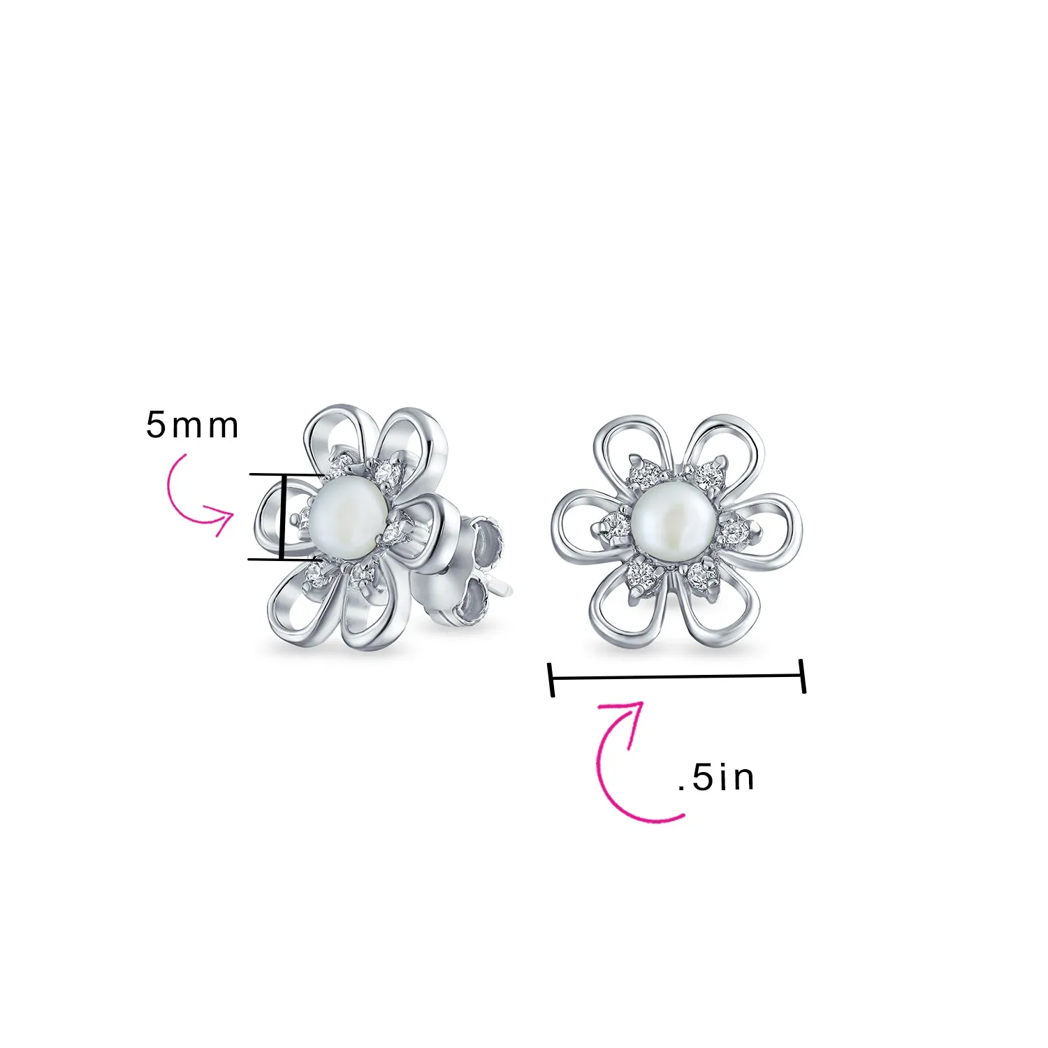 White Freshwater Pearl Daisy Flower CZ Stud Earrings in Sterling Silver