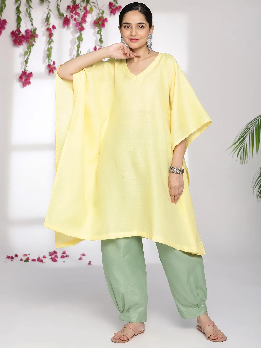 Yellow CottonSlub Kaftan & SageGreen AfghaniSalwar