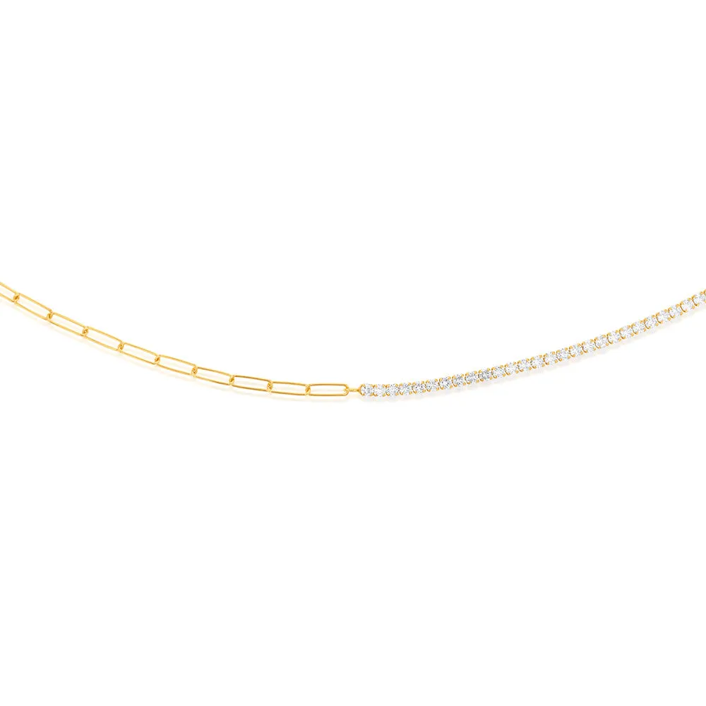 Yellow Gold Plated Sterling Silver CZ String And Paperclip Half N Half 45cm Chain